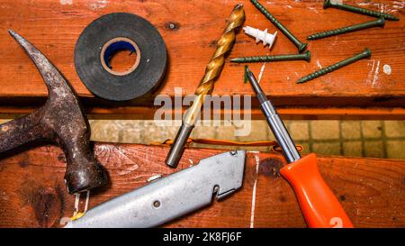 Carpenters tools on wooden boards from above Stock Photo
