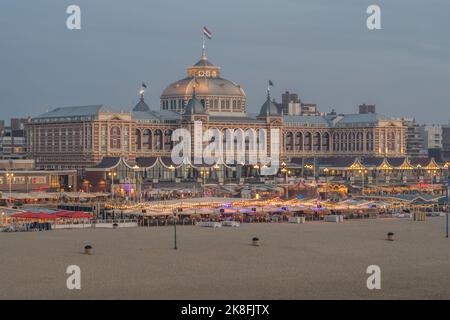 Netherlands, South Holland, The Hague, Sandy beach in front of Grand Hotel Amrath Kurhaus at dusk Stock Photo