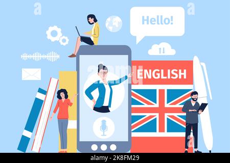 English online learning. Student using mobile app, people group and digital education. Person use phone translate, foreign language lesson recent Stock Vector
