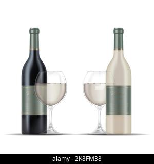 Illustration of 2 Glasses of White Wine and Wine Bottles isolated on a White Background Stock Vector