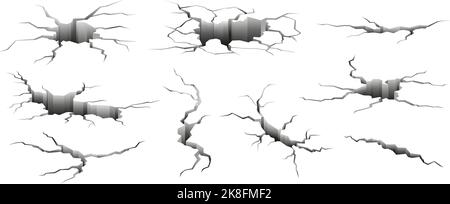 Earthquake cracks. Fractured earth, break cracked in cement. Destruction floor isolated set. Cartoon 3d crack, crash ground effect racy vector Stock Vector