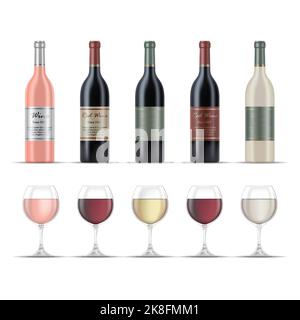 Illustration of Wine Glasses and Wine Bottles isolated on a White Background Stock Vector