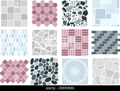 Stone paving tiles patterns. Colorful brick and granite yard walkway templates. Pavement or floor mosaic design. Racy exterior decorative design Stock Vector