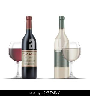 Illustration of Red and White Wine Bottles and Wine Glasses isolated on a White Background Stock Vector
