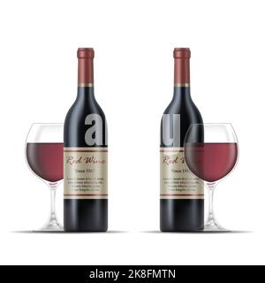 Illustration of 2 Bottles of Red Wine and Wine Glasses isolated on a White Background Stock Vector