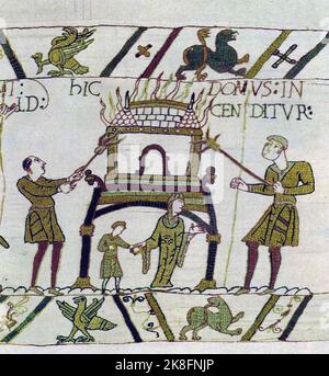 A scene from the Bayeux Tapestry depicting the Normans burning a house. Stock Photo