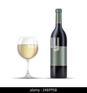 Illustration of White Wine Glass and a White Wine Bottle isolated on a White Background Stock Vector