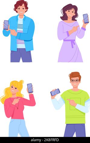 People pointing phone. Man showing looking on smartphone, woman entrepreneur introducing cellphone, person holding cellular mobile smartpoint technology swanky vector illustration of showing to device Stock Vector