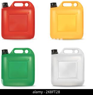 3d jerrycans. Color fuel jerrycan render, oil or gasoline plastic canister petrol gallon bottle car gas storage container auto refuel jerry cans diesel car tidy vector illustration of canister tank Stock Vector