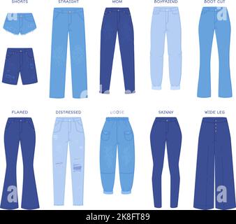 Cutting jeans pants. Denim pants models types jean clothes style, casual fit trousers fashion clothing collection for boyfriend skinny or baggy outfit, garish vector illustration of trousers fashion Stock Vector