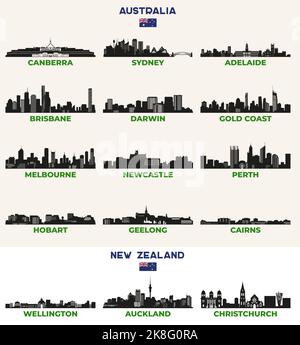 Australian and New Zealand cities skylines silhouettes vector set Stock Vector