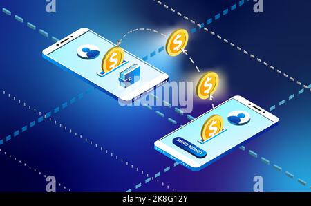 Money transfer from one mobile smartphone to another. Vector illustration Stock Vector