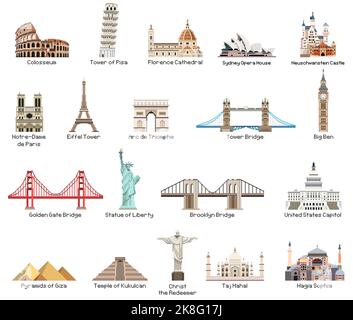 World landmarks pixel art icons vector set Stock Vector