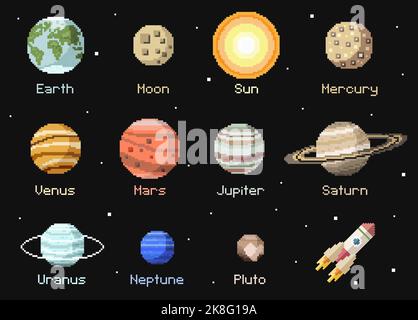 Planets icons pixel art vector illustrations set Stock Vector