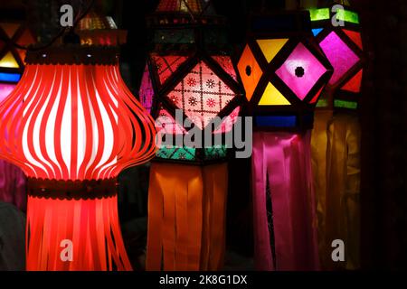 Colourful Modern Lanterns in Various Size & Shapes Akash kandil or Diwali decorative lamps Hang out side shop for sale in Pune, India Stock Photo