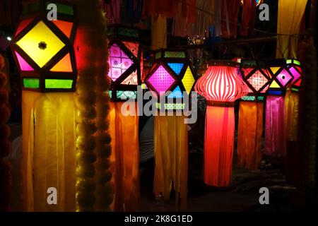 Colourful Modern Lanterns in Various Size & Shapes Akash kandil or Diwali decorative lamps Hang out side shop for sale in Pune, India Stock Photo