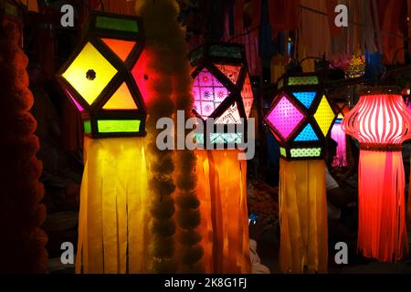 Colourful Modern Lanterns in Various Size & Shapes Akash kandil or Diwali decorative lamps Hang out side shop for sale in Pune, India Stock Photo