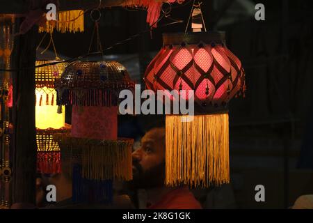 Colourful Modern Lanterns in Various Size & Shapes Akash kandil or Diwali decorative lamps Hang out side shop for sale in Pune, India Stock Photo