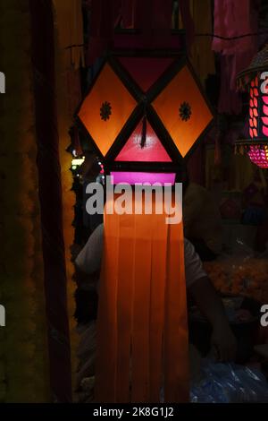 Colourful Modern Lanterns in Various Size & Shapes Akash kandil or Diwali decorative lamps Hang out side shop for sale in Pune, India Stock Photo