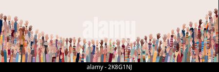 Group hands up of diverse people.Diversity multiethnic people. Racial equality. Men and women of different culture and nations. Coexistence harmony. Stock Vector