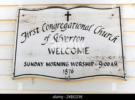 A sign outside the First Congregational Church of Silverton on Reese Street in Silverton, Colorado, USA is the 7th oldest in Colorado. Stock Photo