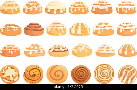 Cinnamon roll bun icons set cartoon vector. Food baked. Bread bakery Stock Vector