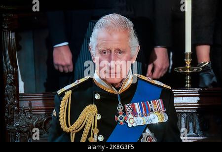 KING CHARLES III Queen Elizabeth II Funeral at Saint George’s Chapel Windsor Castle. A pensive sad reflective King Charles III head and shoulders during HM The Queen interior Royal Chapel funeral service at Windsor. 19th September 2022 Stock Photo