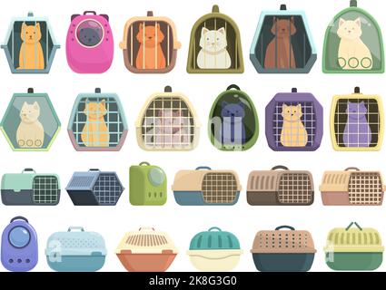 Cat carrier icons set cartoon vector. Cage canine. Carrier crate Stock Vector