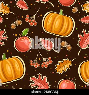 Vector Thanksgiving Day seamless pattern, square repeating background with illustrations of orange falling leaves, oak acorns and rowan branch on dark Stock Vector