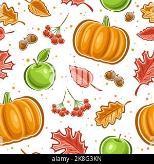 Vector Thanksgiving Day seamless pattern, square repeating background with illustrations of falling leaves, green apples and rowan branches on white b Stock Vector
