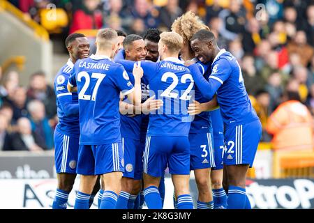 Wolverhampton, UK. 23 October, 2022. Wolverhampton, UK. 23rd Oct, 2022. Youri Tielemans of Leicester and teammate celebrate scoring his side's first goal of the game during the Premier League match between Wolverhampton Wanderers and Leicester City at Molineux, Wolverhampton on Sunday 23rd October 2022. (Credit: Gustavo Pantano | MI News) Credit: MI News & Sport /Alamy Live News Stock Photo
