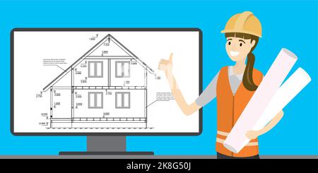 Beauty caucasian woman engineer or architect and house plan or scheme on monitor screen. Carton happy female character. Flat vector illustration Stock Vector