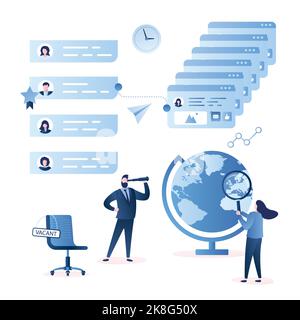 Business people are hiring,recruiting concept. Business global selection and choose candidates.Male character with spyglass and female magnifying glas Stock Vector