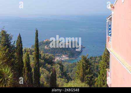 View of the coast of greek Corfu island with Paleokastritsa Monastery Stock Photo