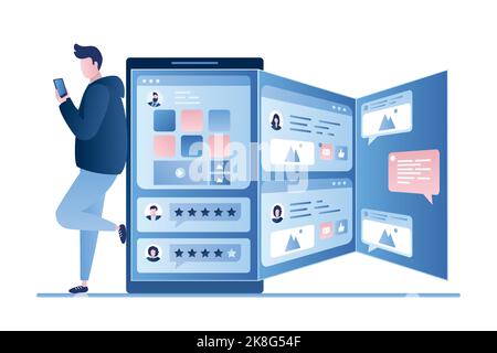 Handsome man holding smartphone. Big mobile phone with applications on three screens. Web surfing or social network chatting. Internet signs and butto Stock Vector