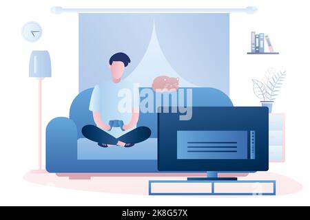 Young man is sitting on the couch. Male is holding a controller and playing a game on TV.Living room interior with furniture. Teen character in trendy Stock Vector