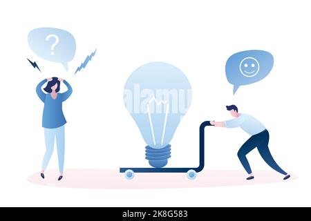 New business idea concept. Brainstorming with funny business people characters and big idea bulb. Isolated on white background. Trendy style vector il Stock Vector