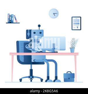 Robot or chatbot on workplace. Artificial intelligence working without humans.Funny bot and workspace isolated on background. Trendy style vector illu Stock Vector