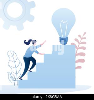 New business idea or brainstorming concept background. Businesswoman climbs the stairs to big idea bulb. Female character in trendy style. Vector illu Stock Vector