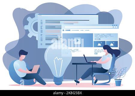 Male and female programmers with laptops at workplace,front-end and back-end development. Big idea bulb and startup concept,trendy style vector illust Stock Vector