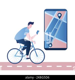 Man riding a bicycle and big smartphone. Cyclist navigation app with map and location pins. Tracking mobile application concept. Male character in tre Stock Vector