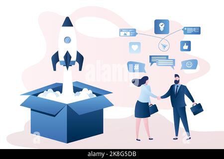 Open box and from it the rocket takes off. Happy business people after successful negotiations. Startup or new idea concept.Male and female characters Stock Vector