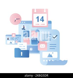 Business signs and icons. Office day and business daily planner. Schedule and to do list. Time management concept in trendy style. Isolated on white b Stock Vector