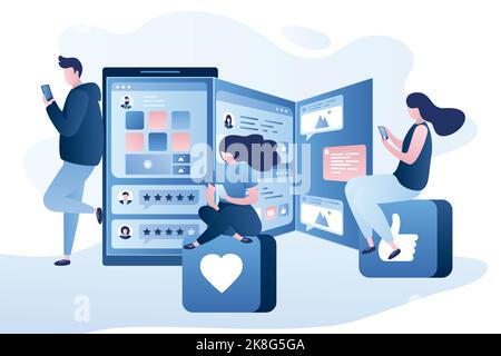 Modern smartphone with applications on three screens. Web surfing or social network chatting. Internet signs and buttons. Man and women characters com Stock Vector