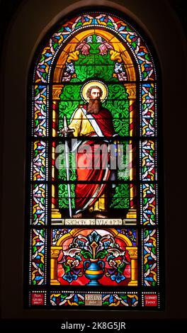 Stained glass widow depicting St. Paul in the 1887 Cathedral Basilica of Saint Francis of Assisi - Catedral basílica de San Francisco de Asís in Santa Stock Photo