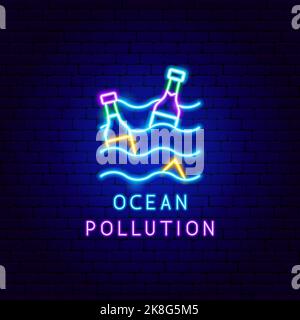 Ocean Pollution Neon Label Stock Vector
