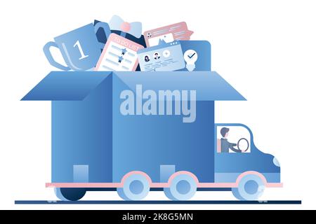 Truck with various business elements and apps in open box. Driver in cabin. Vehicle isolated on white background. New startup concept. Transport in tr Stock Vector