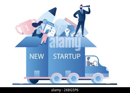 Truck with various applications in open box.Businessman with spyglasses and businesswoman with laptop. Startup concept. Business people and transport Stock Vector