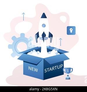 Open box and from it the rocket takes off. Startup or new idea concept. Trendy style Vector illustration Stock Vector