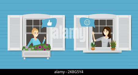The outer wall of the house with windows. Happy women look out of windows and talk. Cartoon female character, flat vector illustration Stock Vector